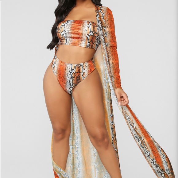 NEW 3 Piece Bathing Suit Orange Snake Skin - Picture 3 of 4